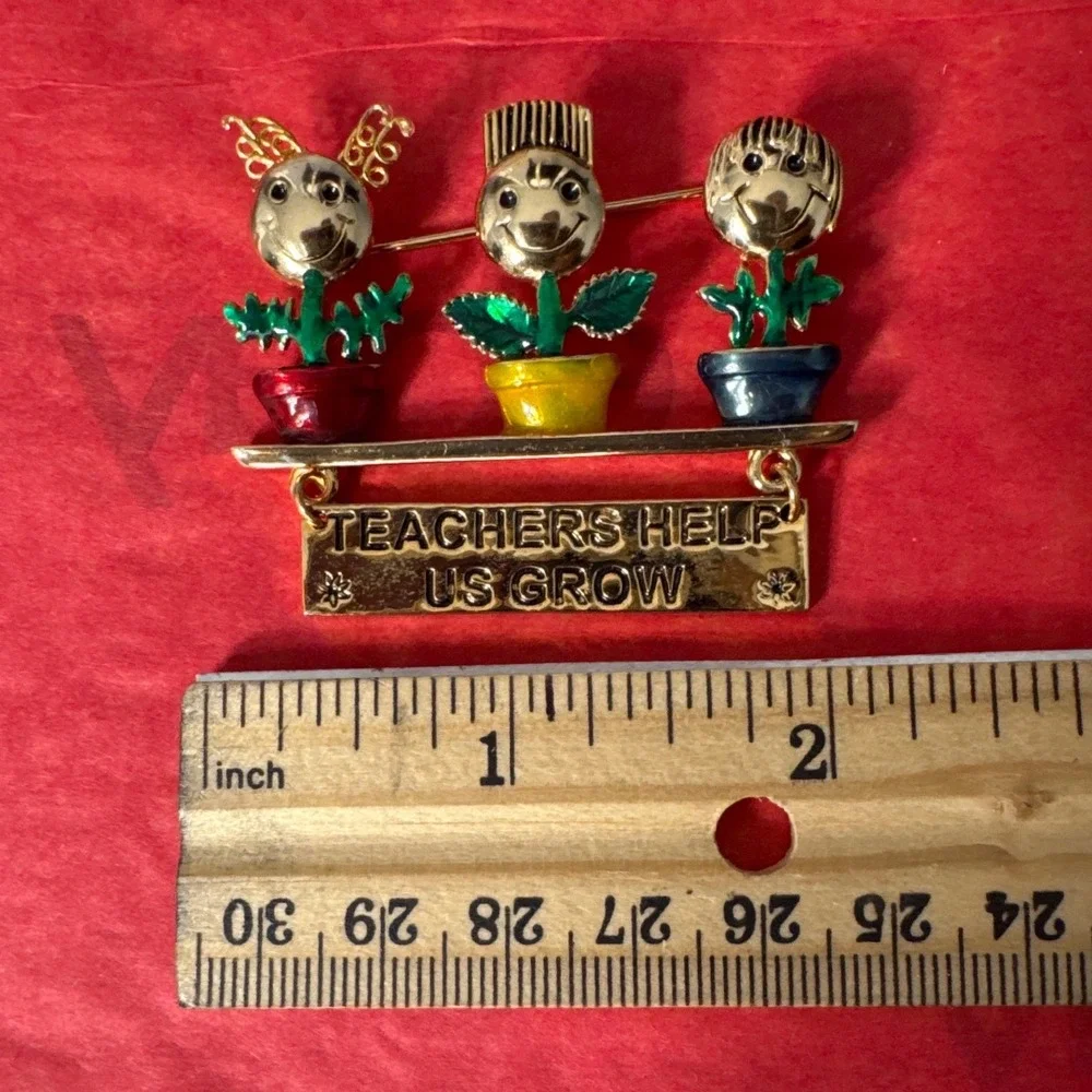 Danecraft Brooch Gold Teachers Help Us Grow Flower Pot Enamel Vintage Gift
